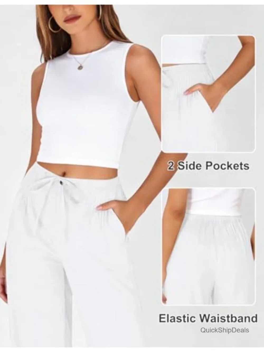 Linen Cotton Pants Wide Leg Drawstring Elastic Waist Casual Trousers with - Picture 4 of 6